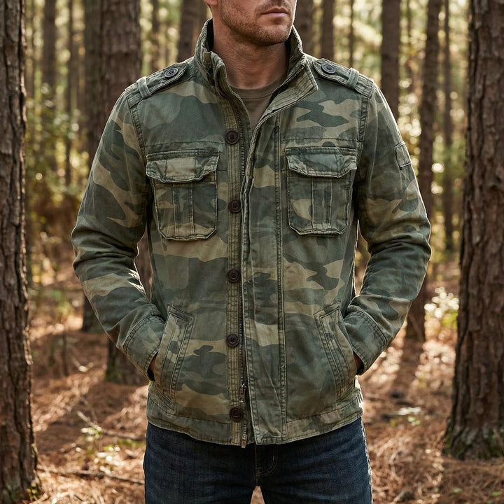 Men's camouflage military jacket for rugged style & outdoor adventures. Durable outerwear for men.