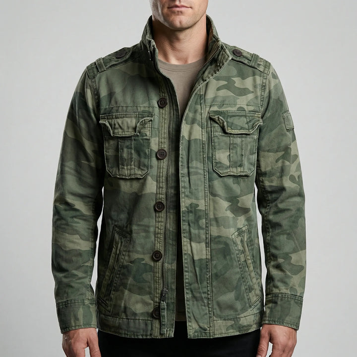Stylish man wearing a camouflage military jacket, perfect for casual wear & spring adventures.