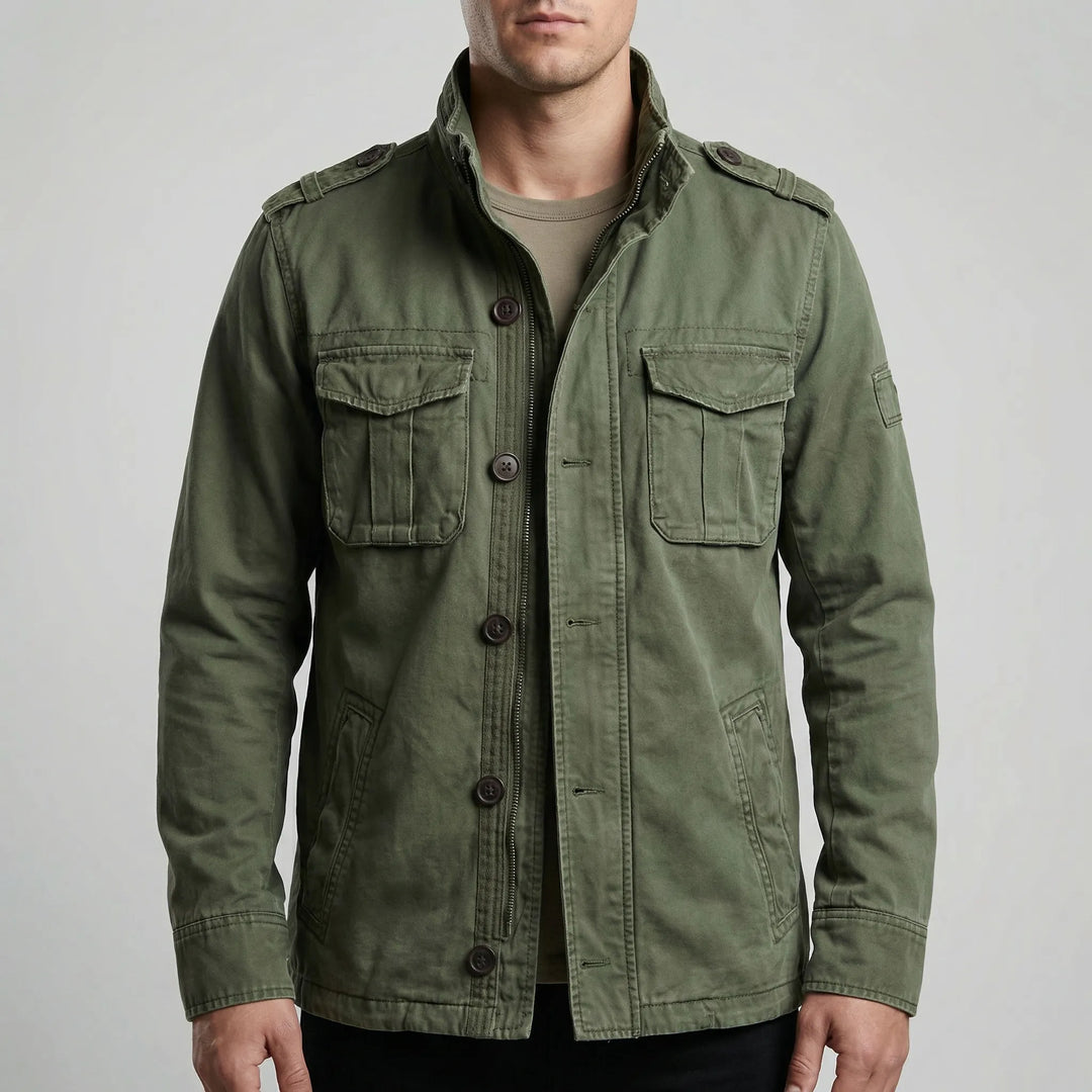 Men's utility camouflage jacket with multiple pockets, ideal spring outerwear for rugged fashion.