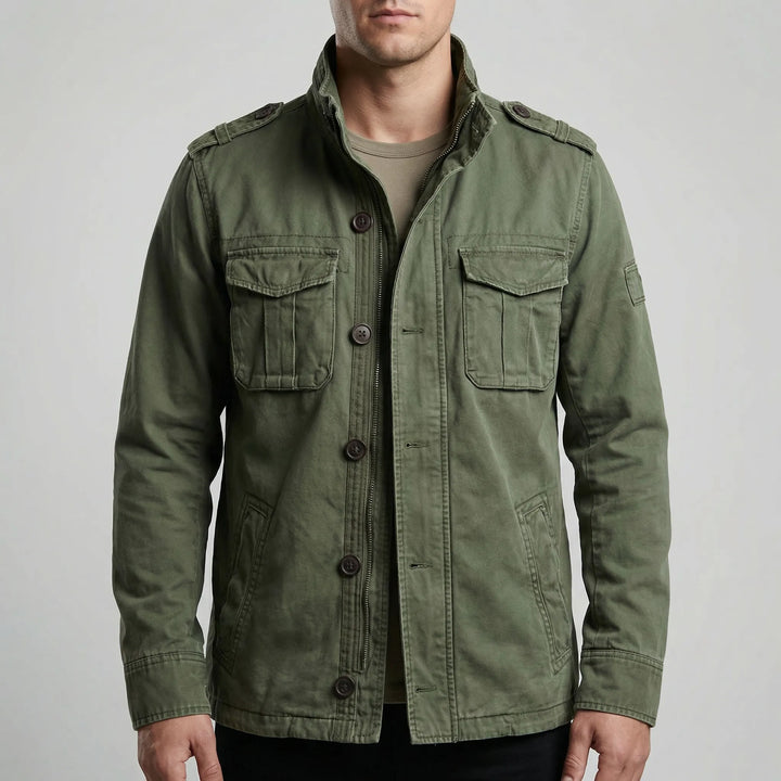 Men's utility camouflage jacket with multiple pockets, ideal spring outerwear for rugged fashion.