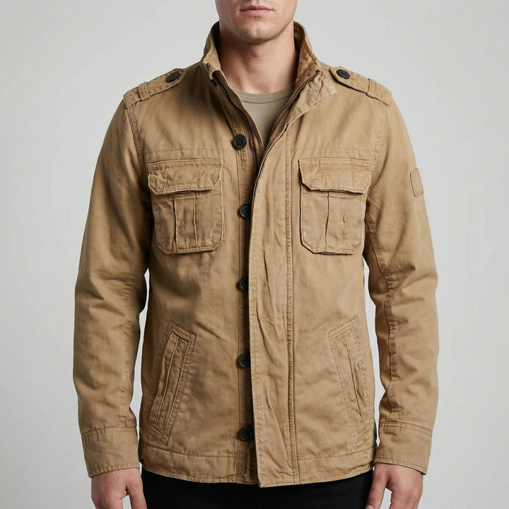 Front view of a men's casual camouflage jacket, combining military style with modern rugged fashion.