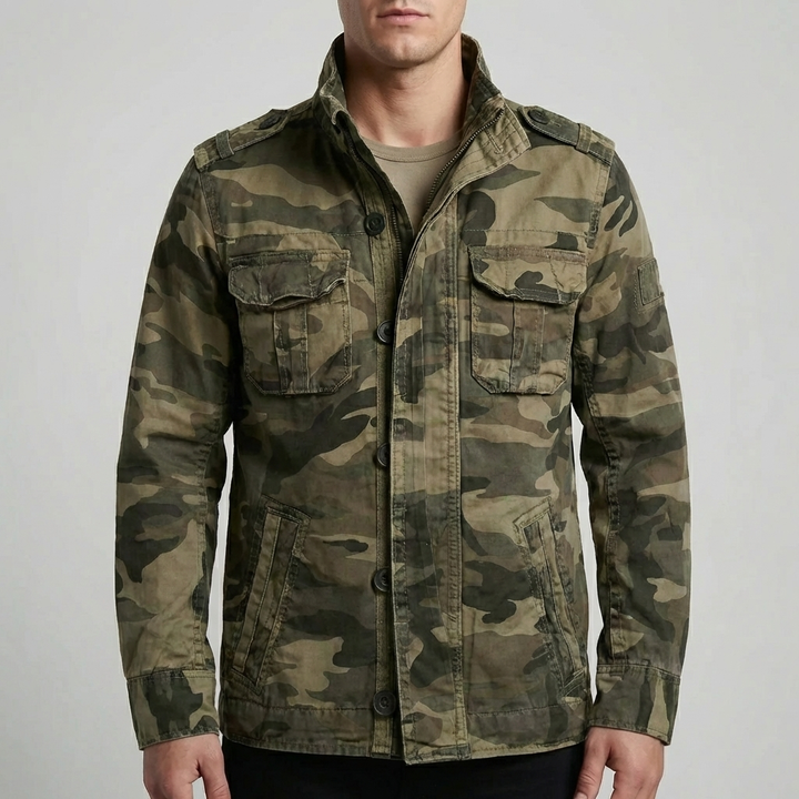 Men's camouflage military jacket in rugged fashion, ideal outerwear for spring & adventure gear.