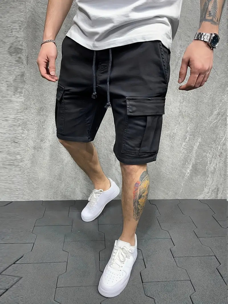 Utility-style men's drawstring cargo shorts, relaxed fit, multi-pocket design, elastic waist for maximum comfort.
