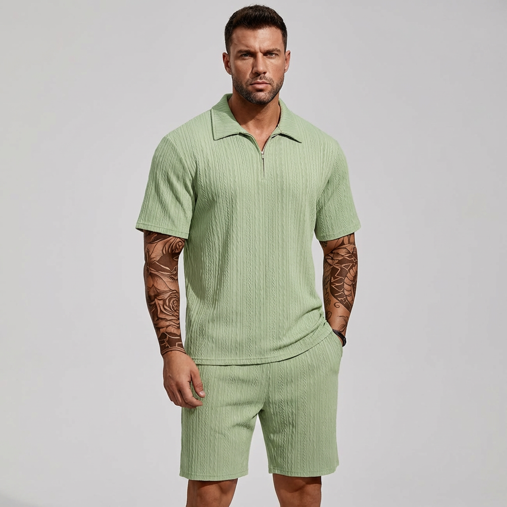 Men's casual 2-piece polo and shorts set for summer. Relaxed fit warm weather outfit.