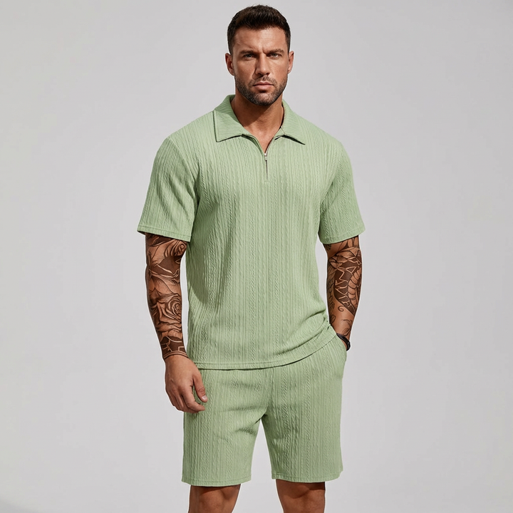 Men's casual 2-piece polo and shorts set for summer. Relaxed fit warm weather outfit.