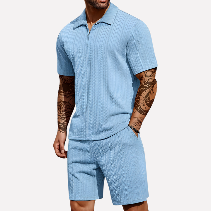 Men's loungewear set: soft polo & matching shorts. Enjoy ultimate comfort and casual style at home or out.