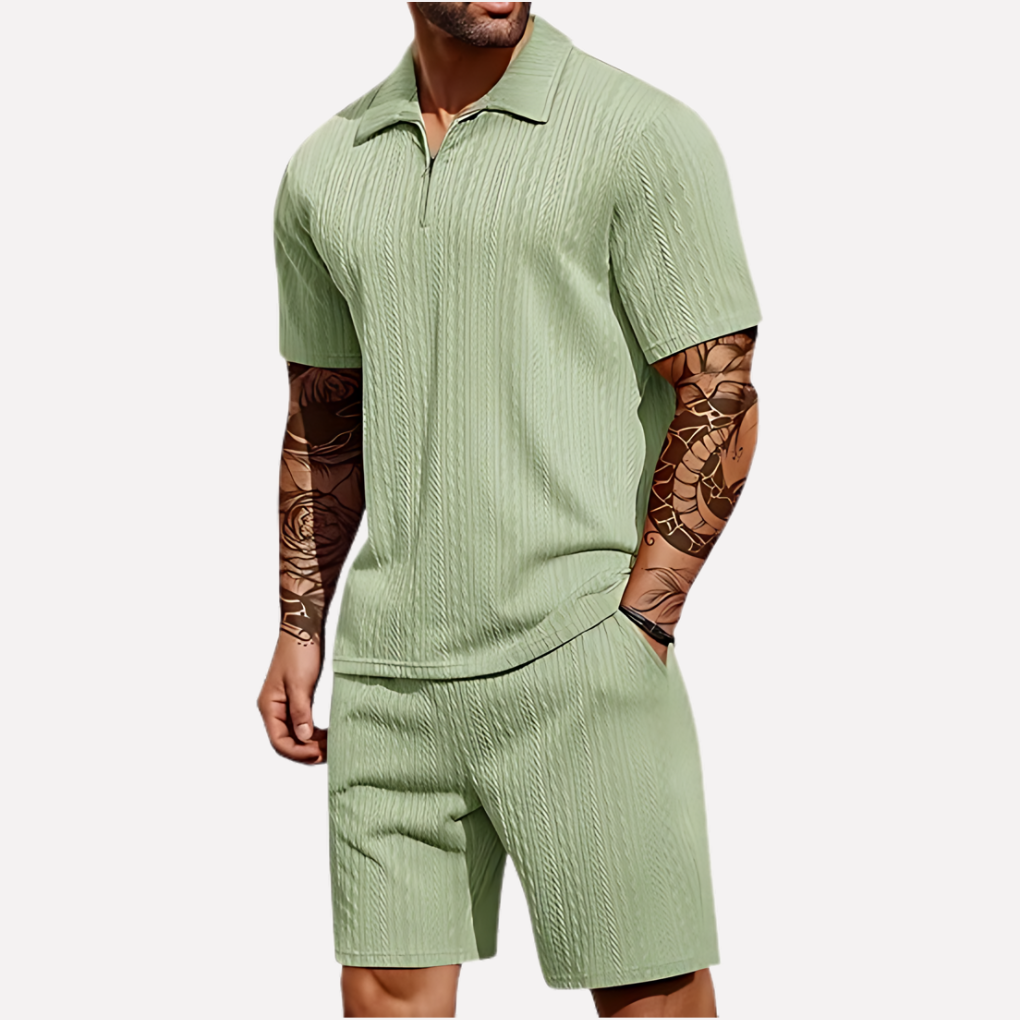 Stylish men's quarter zip polo shirt & matching shorts set. Perfect for loungewear or casual outings.