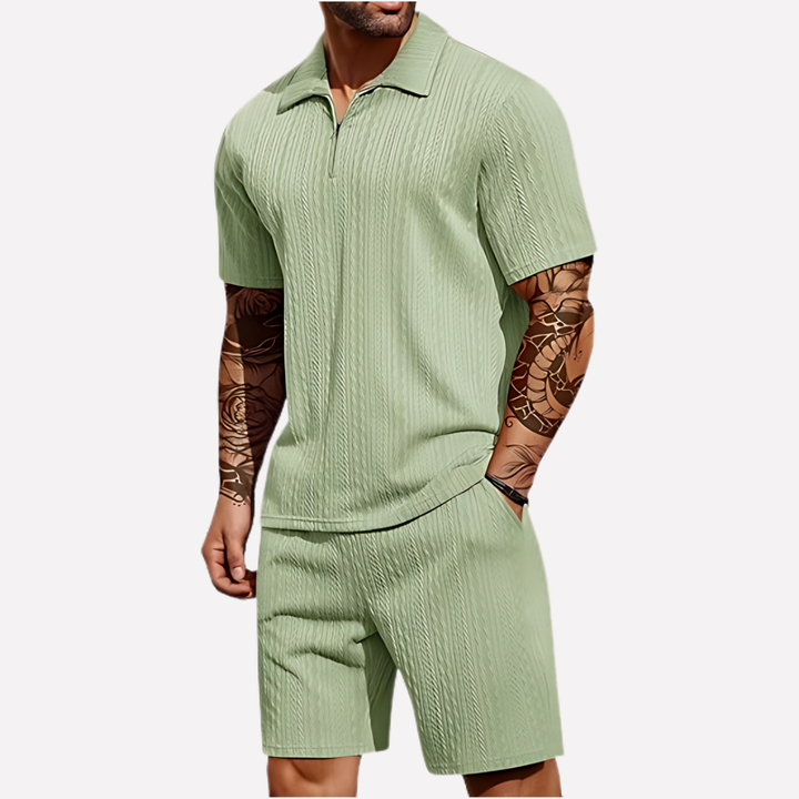 Stylish men's quarter zip polo shirt & matching shorts set. Perfect for loungewear or casual outings.