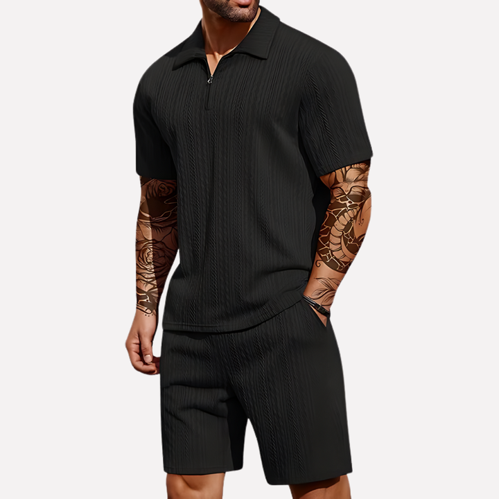 Comfortable men's summer set: short-sleeve polo & shorts. Ideal two-piece casual outfit for warm days.