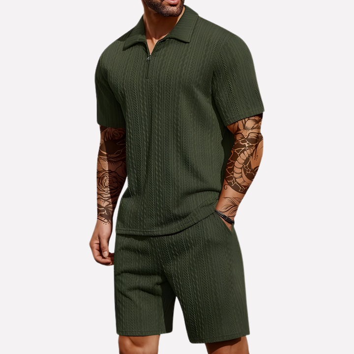 Relaxed fit men's casual polo & shorts set. Versatile loungewear and summer wear for men.