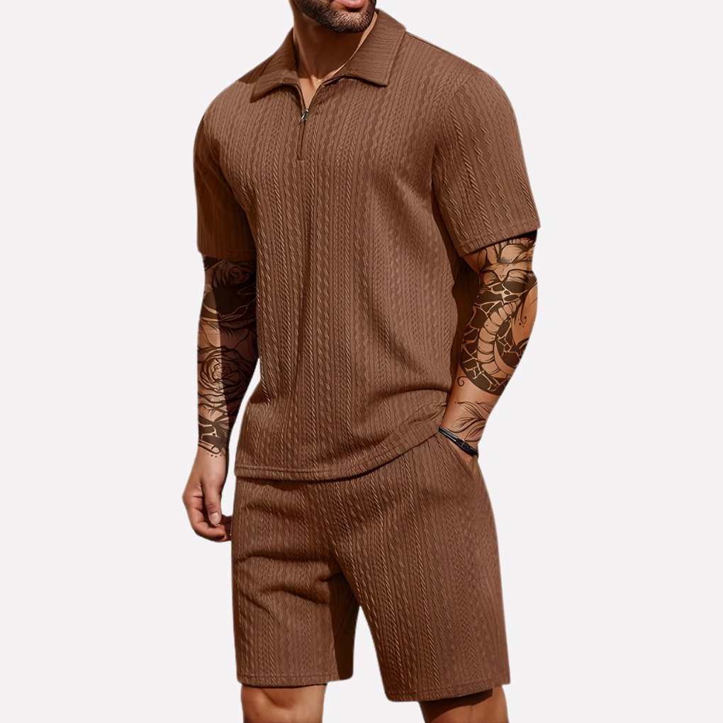Men's summer casual set, including a quarter-zip polo and comfy shorts. Perfect for a relaxed look.