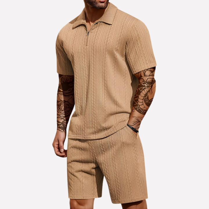 Fashionable men's 2-piece outfit: polo shirt & athletic shorts. Versatile casual set for warm climates.