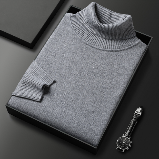 Wardrobe essential: men's dark grey turtleneck sweater, a versatile long sleeve knit for spring occasions.