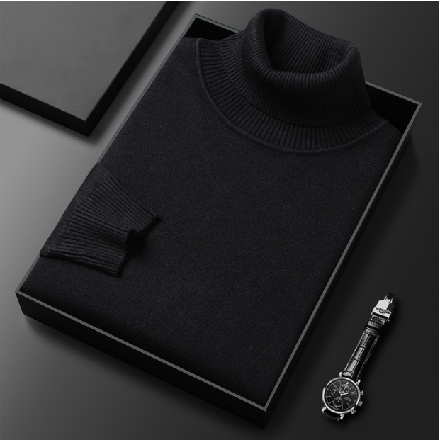 Stylish men's black turtleneck sweater, a versatile spring wardrobe essential for a smart casual look.