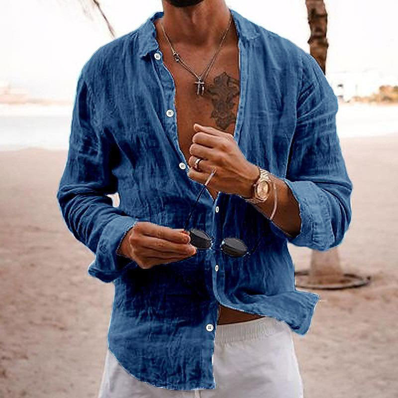 Classic men's button-up summer shirt with a relaxed fit, versatile for casual outings and beachwear.
