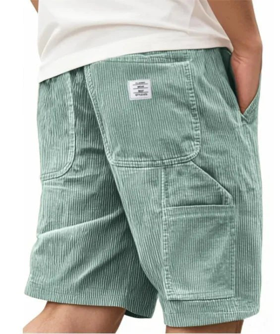 Modern men's relaxed fit cargo shorts, knee length. Casual style with essential utility pockets.