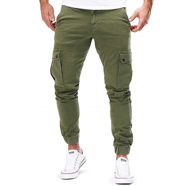 Grey men's casual trousers with prominent cargo pockets, ideal for a practical yet stylish look.