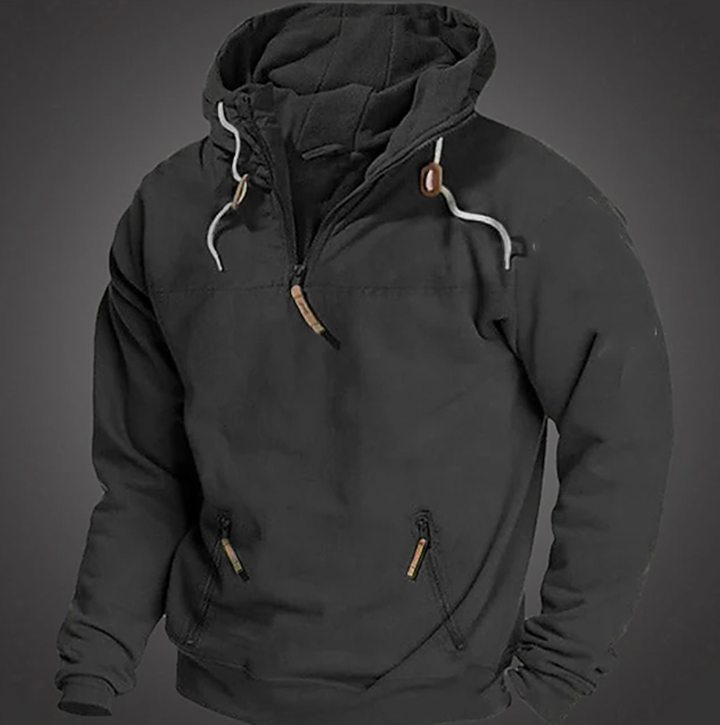 Stylish men's half-zip hooded sweatshirt, great for casual wear and active comfort.