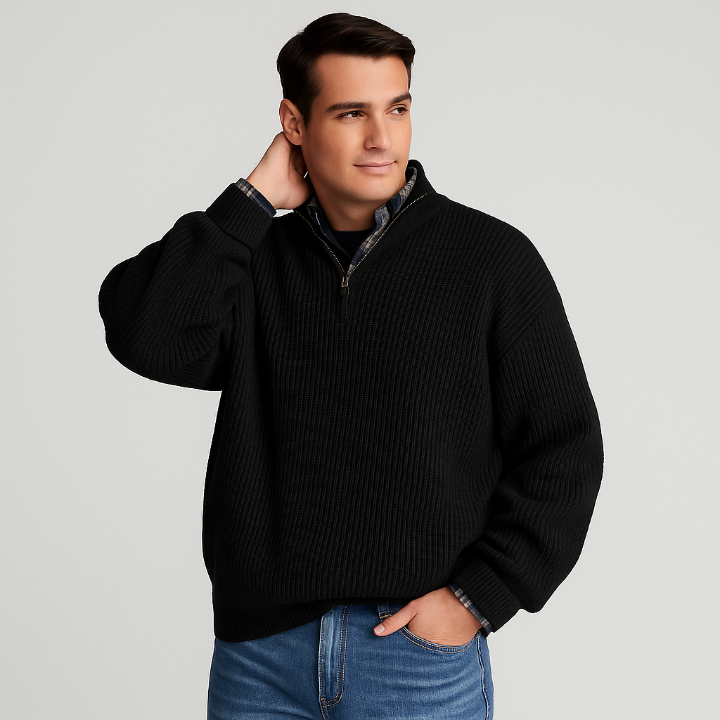 Close-up of a men's half-zip pullover sweater, showing the ribbed collar and soft fabric texture.