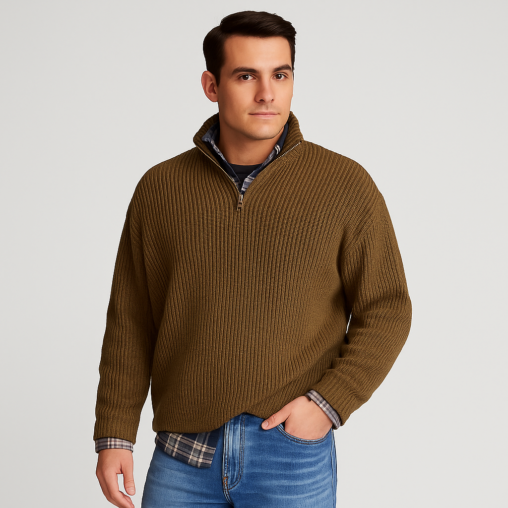 Back view of a men's casual half-zip sweater, highlighting the comfortable fit and pullover design.