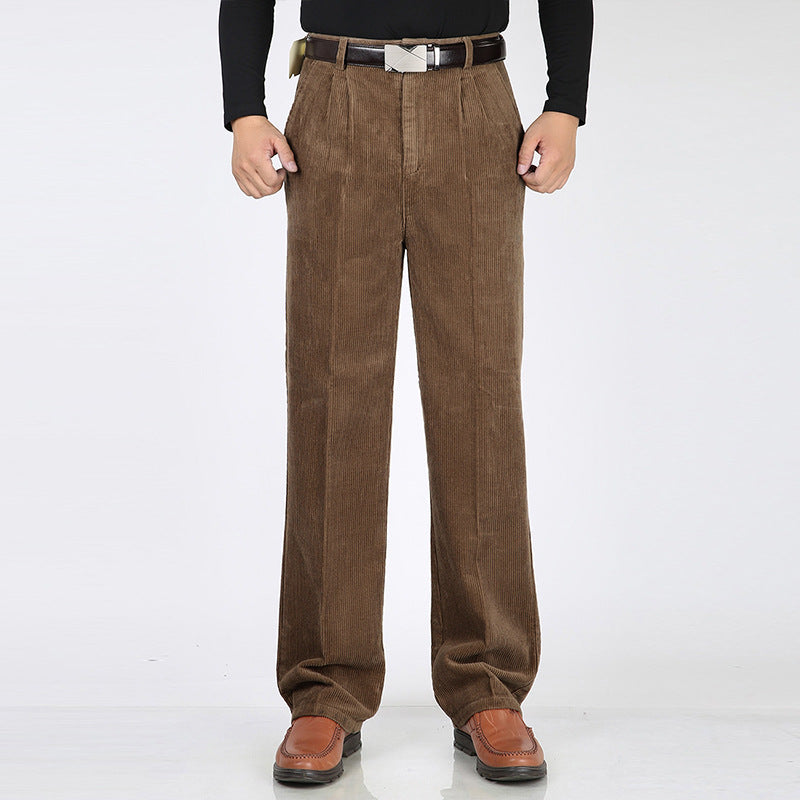 Relaxed fit men's casual pants featuring elegant pleats and a high-waisted cut.