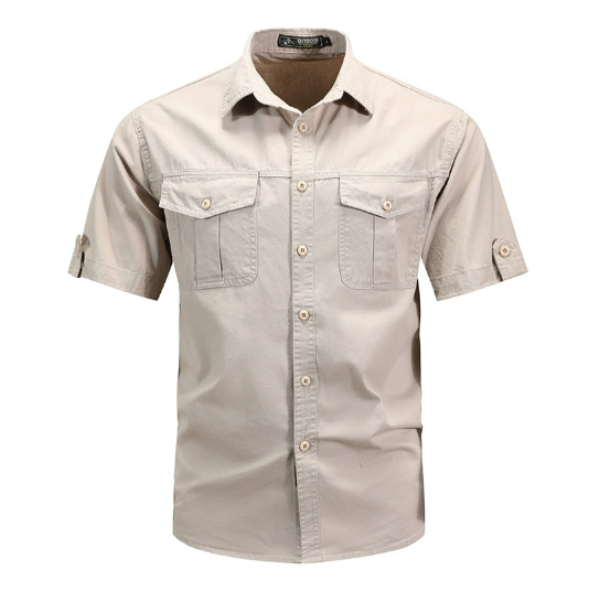 Men's casual khaki utility pocket button-down shirt, perfect for spring