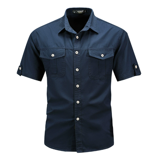 Stylish dark blue men's spring utility shirt with multiple pockets
