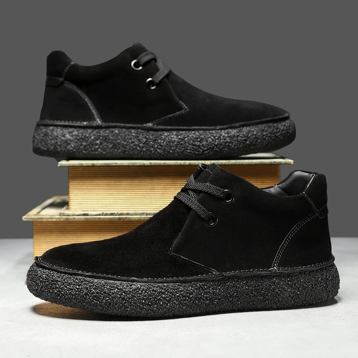 Close-up of men's suede shoes, highlighting the texture and quality for casual wear