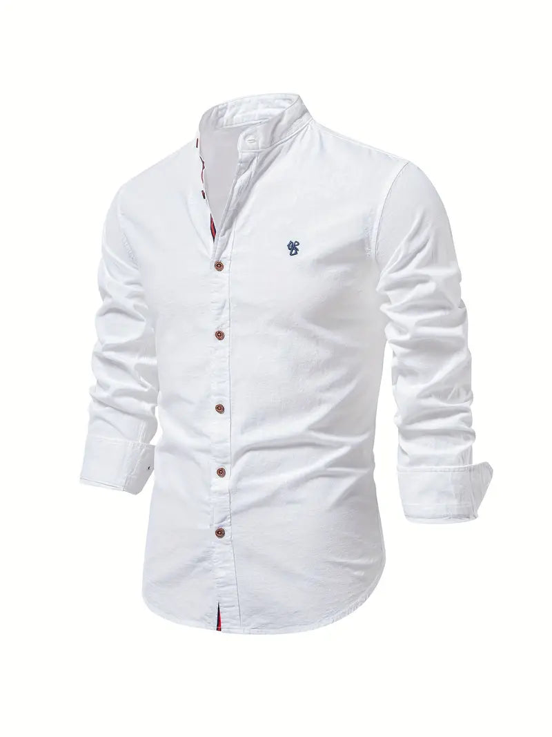 Men's casual long-sleeve button-down shirt in light blue, perfect for spring fashion.