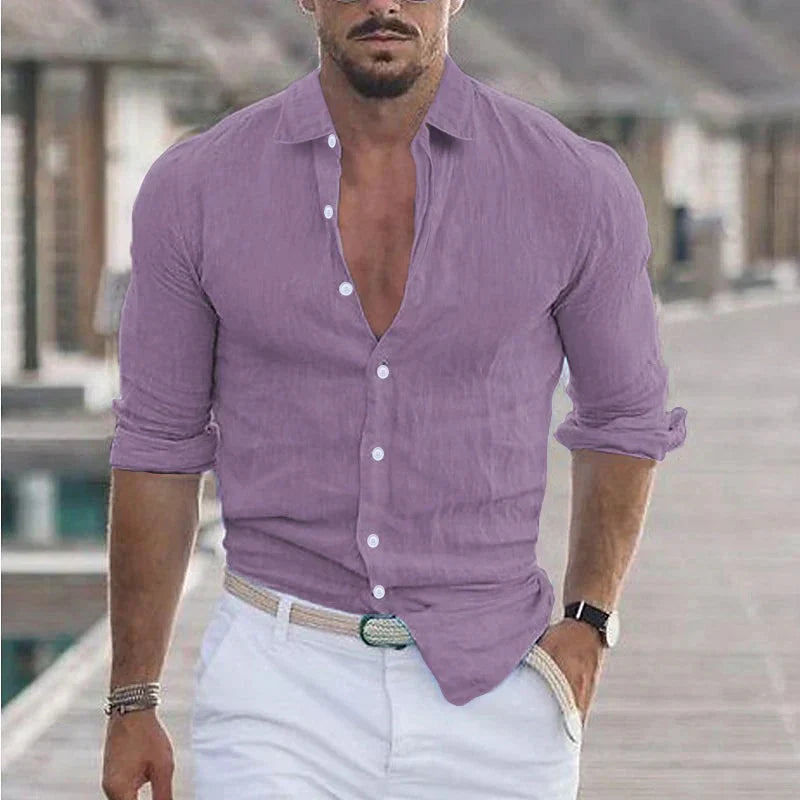 Stylish men's casual long-sleeve button-up shirt with classic turn-down collar, versatile for any occasion.