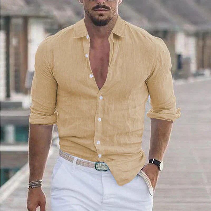Versatile men's casual button-up shirt, easy-care and comfortable, suitable for spring and summer outfits.