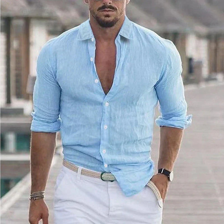 Modern men's long-sleeve casual button-up shirt with a crisp turn-down collar, great for daily style.
