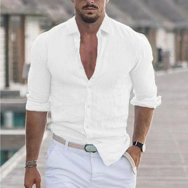 Versatile men's casual long-sleeve button-up shirt, lightweight and stylish for spring/summer everyday wear.