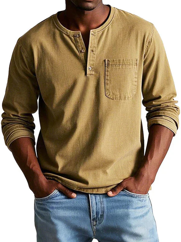Men's casual long sleeve henley, a must-have men's apparel item for relaxed everyday style