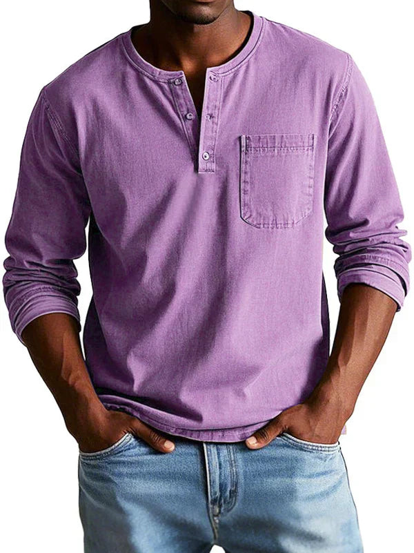 Front view of men's long sleeve henley shirt, designed for comfort wear and casual elegance