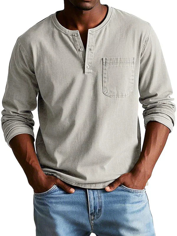 Side profile of men's long sleeve henley, showing the breathable soft fabric and relaxed fit