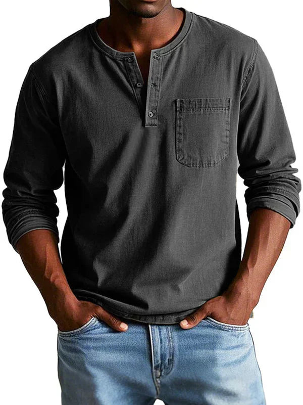 Men's long sleeve henley in a neutral tone, an essential men's top for versatile styling
