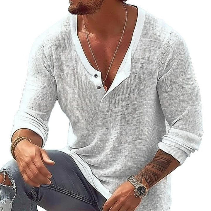 Men's casual long sleeve Henley tee with a comfortable u-neck, perfect for versatile everyday wear.