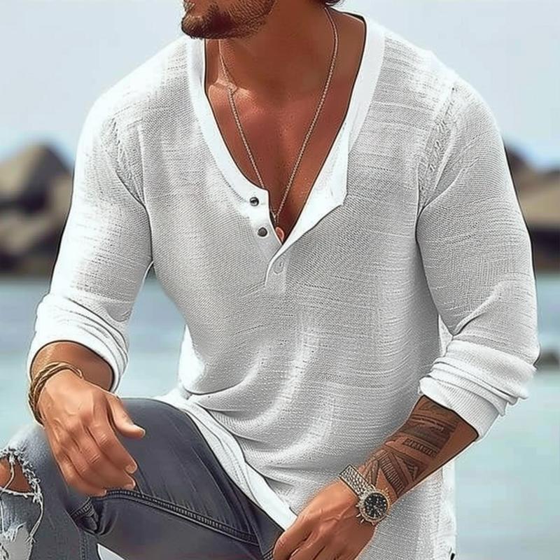 Comfortable men's long sleeve u-neck Henley shirt, ideal for spring, fall, or cool summer evenings.