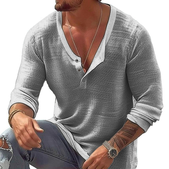 U-neck men's long sleeve Henley top, a versatile casual shirt for comfortable spring & fall everyday wear.