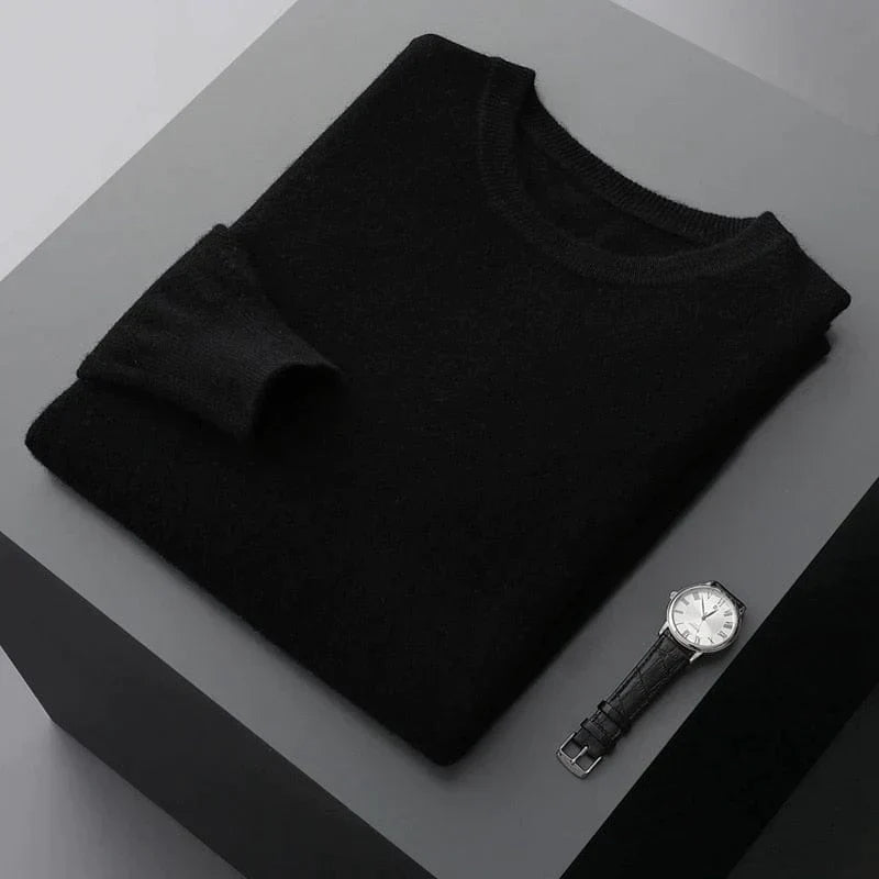 Stylish menswear: a long sleeve crewneck knit sweater for men, offering warmth and casual comfort.