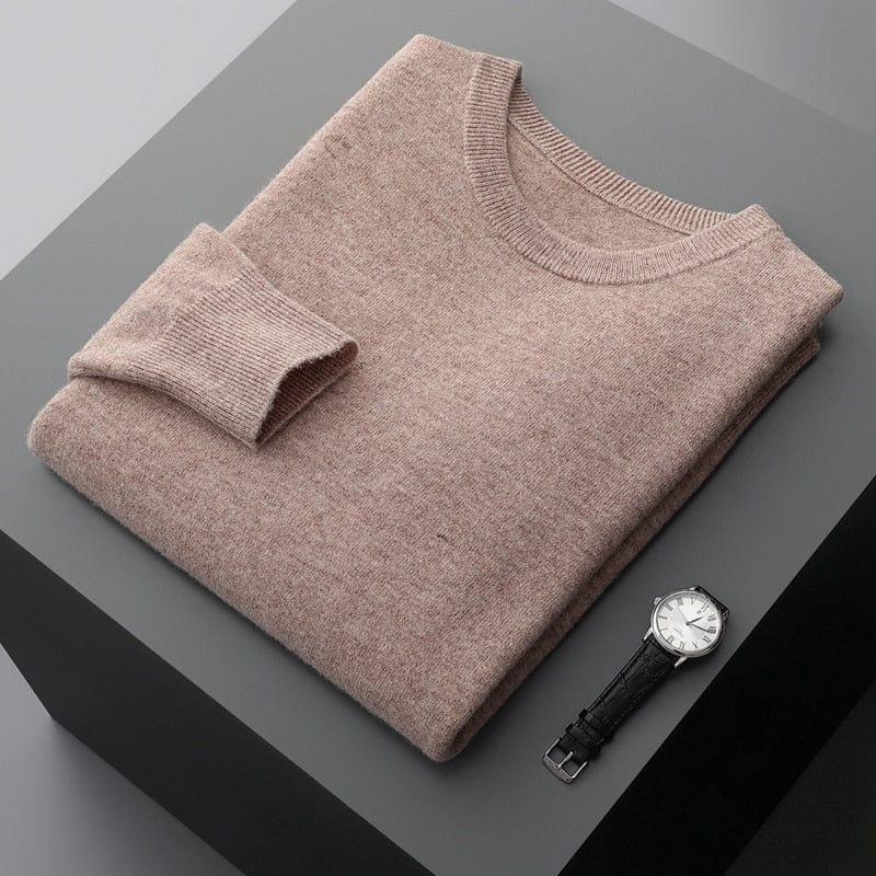 Front view of a men's crewneck knitwear sweater, highlighting its simple elegance and long sleeve design.