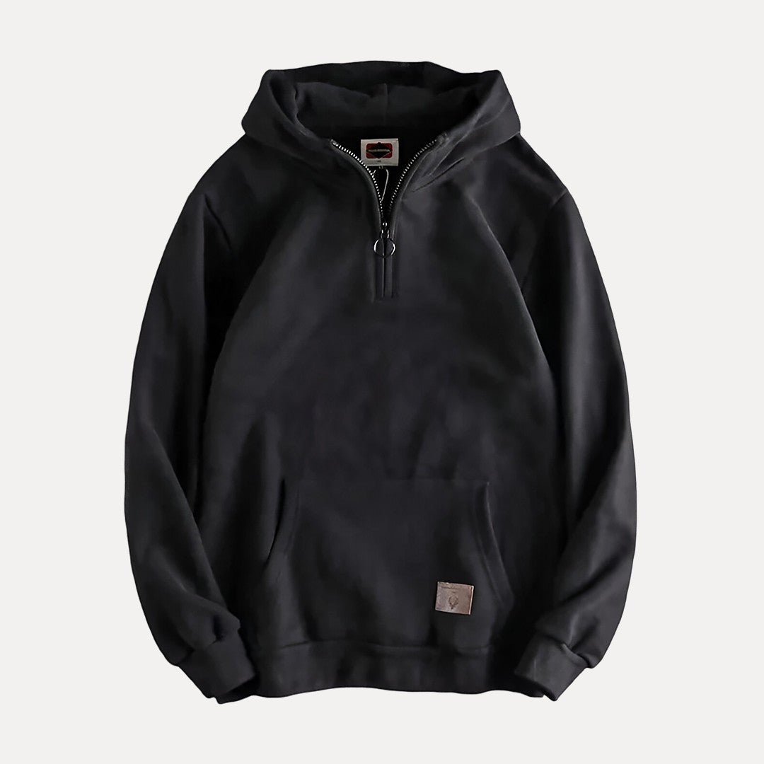 Comfortable hooded sweatshirt for men, a long-sleeve, half-zip pullover, ideal for everyday casual style.