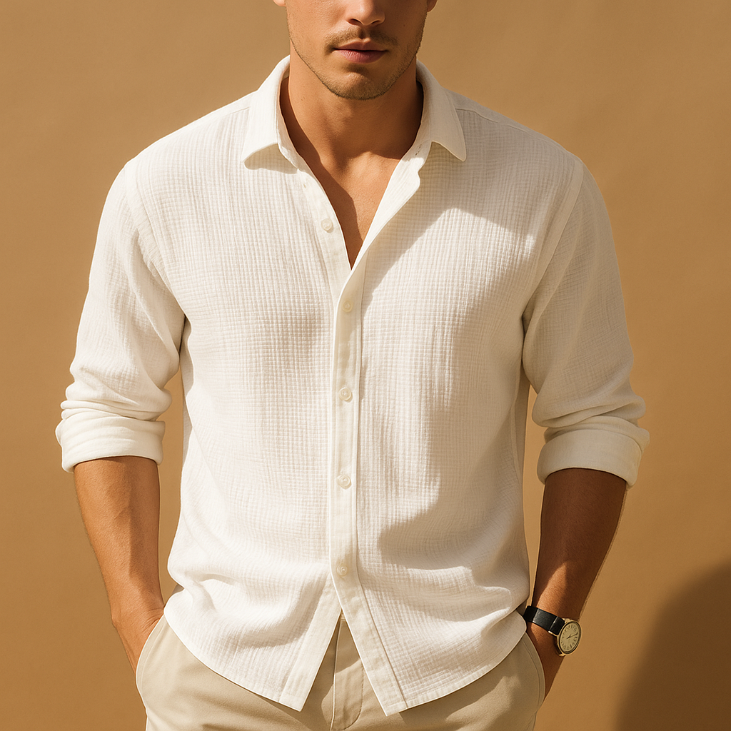 Modern men's fashion long sleeve shirt featuring a sophisticated stand collar, suitable for various occasions.