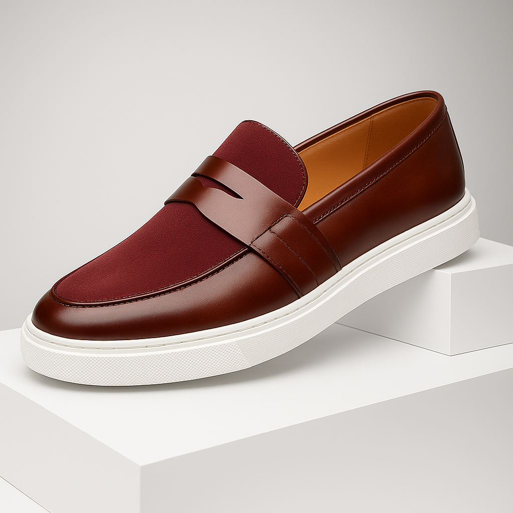 Wine red men's leather slip-on loafers, adding a touch of color to casual footwear