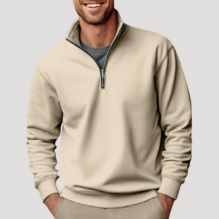 Stylish men's quarter zip sweatshirt in navy blue, ideal for casual wear and winter comfort.