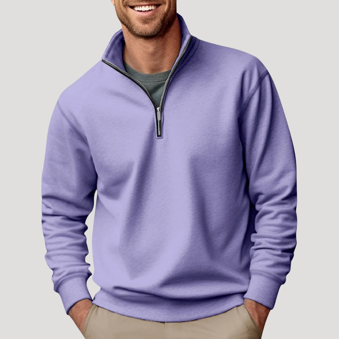 Side view of a men's quarter zip sweatshirt, highlighting the soft fabric and smart casual look.