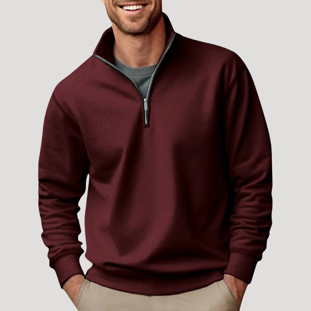 Men's comfortable quarter zip sweatshirt in charcoal, a key piece for fall and winter wear.