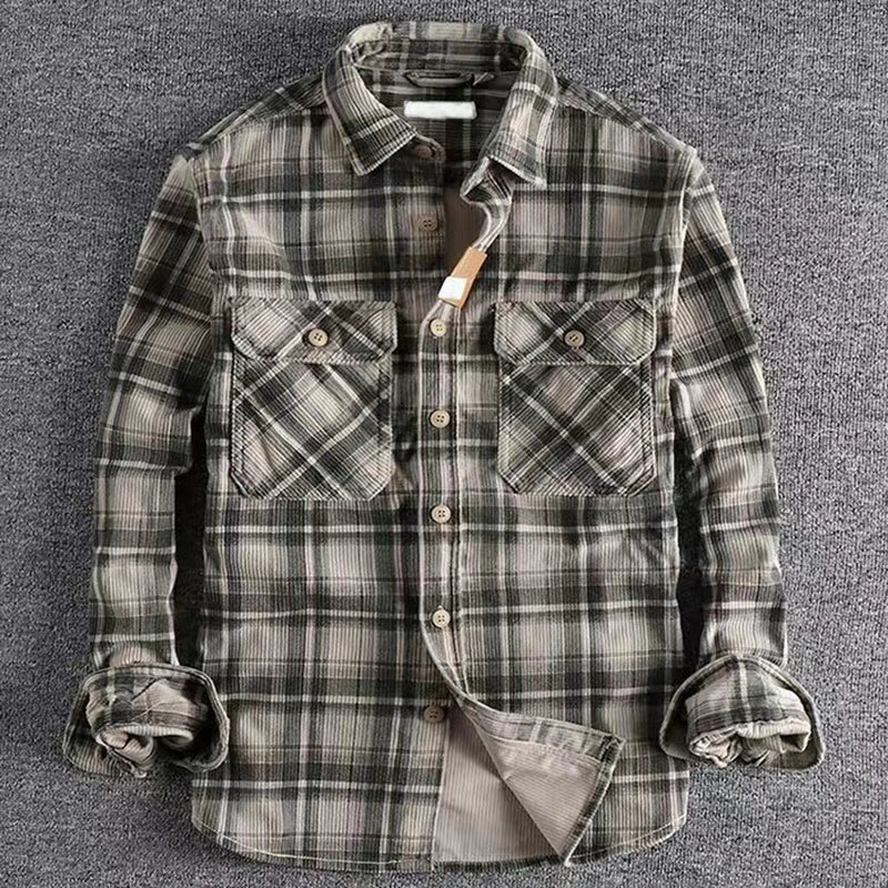 Comfortable men's plaid flannel shirt in blue and green, ideal for casual wear and fall fashion.
