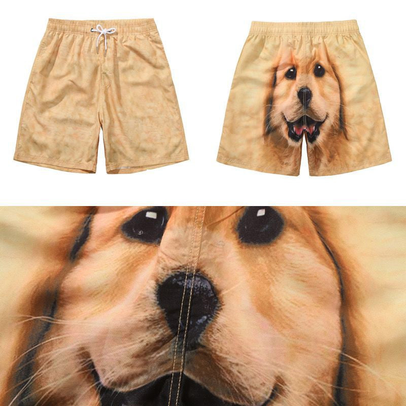 Front view of men's retriever print beach shorts, showcasing the comfortable nylon spandex fabric